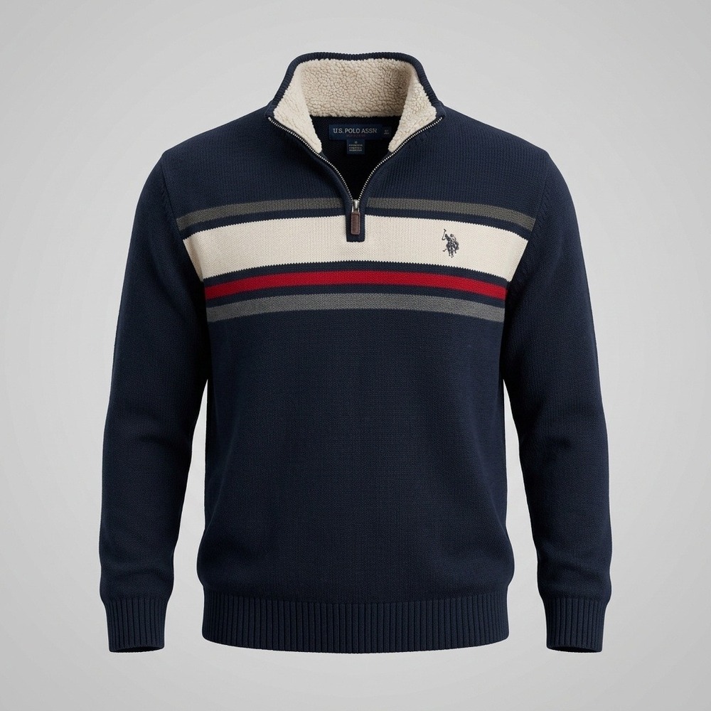 U.S. Polo Assn Mens XXL Navy Blue Sweater Quarter Zip Striped